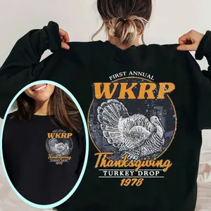 First Annual Thanksgiving Day Turkey 2 Side T-shirt, Turkey Sweatshirt, WKRP Thanksgiving Shirt Collar Cotton Sweaters Fabric Fit Casual Fashion