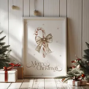 DUYUINC Christmas Candy Cane With Beige Bow Poster No Frame, Merry Christmas Coquette Bow Print, Cute Holiday Bow Poster