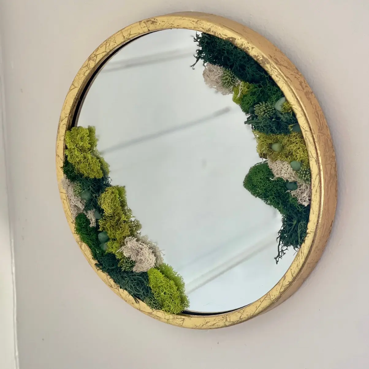 Moss Wall Art, Gold Framed Round Mirror, Moss Mirror, Hanging Portal Mirror, Cottagecore Art, Handmade Art