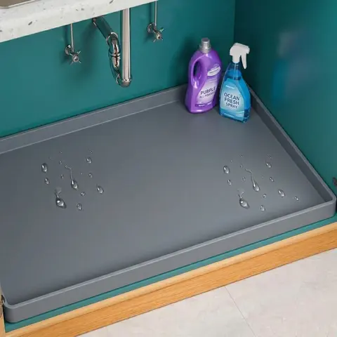Solid Extra Thick Smooth Silicone Under Sink Mat, 34"x22" Waterproof Food-Safe Machine Washable Anti-Skid Rug with Raised Edge, Floor Mats Liner for Kitchen Floor Storage & Bathroom Protection