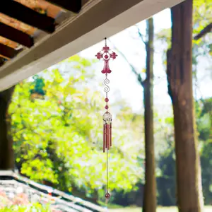 28" Long Pink Cross Wind Chime with Copper Gem
