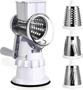 Rotary Cheese Grater Hand Crank Cheese Shredder for Fresh Cheese Vegetable Nuts Non-slip Suction Base Free Cleaning Brush Three Blades Deep Green Food Grade Bpa Free 430 Stainless Steel Blade