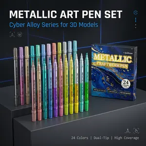LEODREAM Dual Tip Metallic Art Pen Marker - 24-Color Cyber Alloy & Industry Ray Colored Markers Set for 3D Printing Enthusiasts, Office Supplies with Self-Leveling Tech & Shining Finish