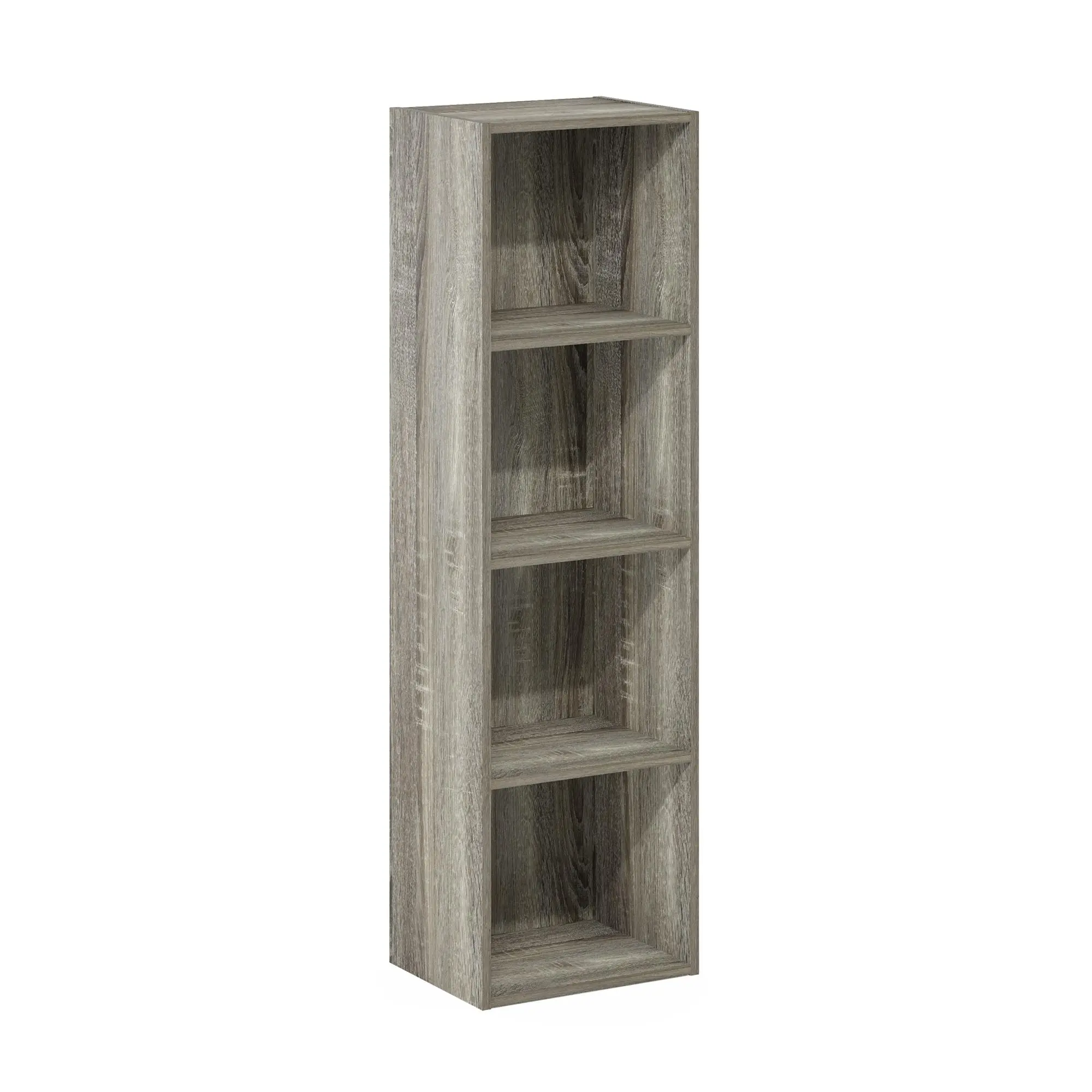 Wooden Bookshelf - Modern 4-Tier Open Indoor Storage Unit, 9x12x42 in French Oak, Sturdy Organizer for Living Room, Home Library with Book Nook, Collectibles Display, Clean Aesthetic & Small Room Ideas
