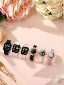 Women's & Girls' Elegant Quartz Watch（6pcs）,Fashion Trend Exquisite Mixed Color Watch Silicone Electronic Watch Combination ,Friends Birthday Gift Girlfriend Boyfriend Travel Vacation Graduation Season The Best Choice for Gifts Watch Set