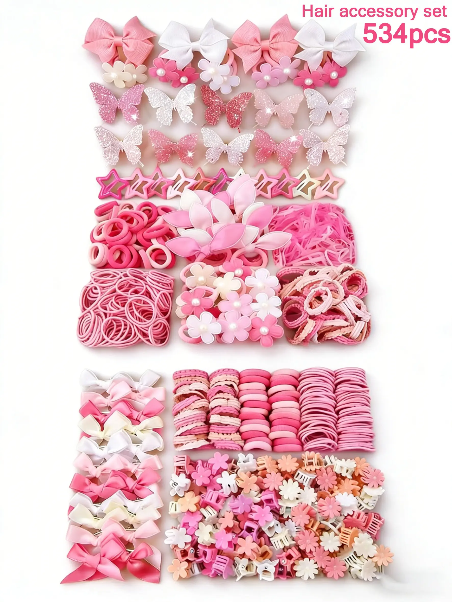 534/535pcs/Set Girls' Pink Cute Cartoon Bowknot Hair Clips, Cute Princess Hair Accessories, Fashion Hair Accessories, Elastic Non-Damaging Hair Ties, Duck Clip Barrettes, Suitable For Daily Use, Elastic Hair Accessory