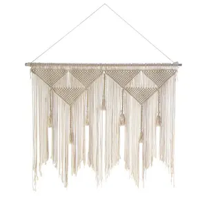 Bohemian Tassel Tapestry Handwoven Cotton Rope Wall Hanging In Off White