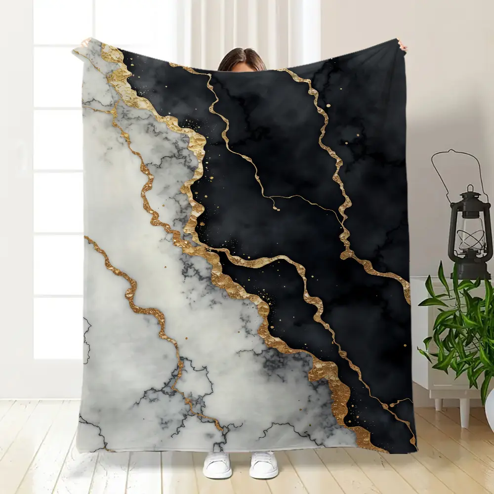 Flannel Throw Blanket - Elegant Black-White-Gold Marble Design, Soft Flannel Fabric, for Minimalist Enthusiasts, Home Living Room Room Decor with Luxury Look