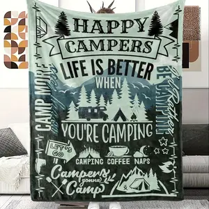1Pc Cozy Camping Theme Gift Blanket - Soft Flannel Material, Unique Happy Campers Design, Perfect For Outdoor Adventures And Camping Trips - Ideal For Women And Men, Lovers, Home Decor, Travel, Hiking, And Campsite Use