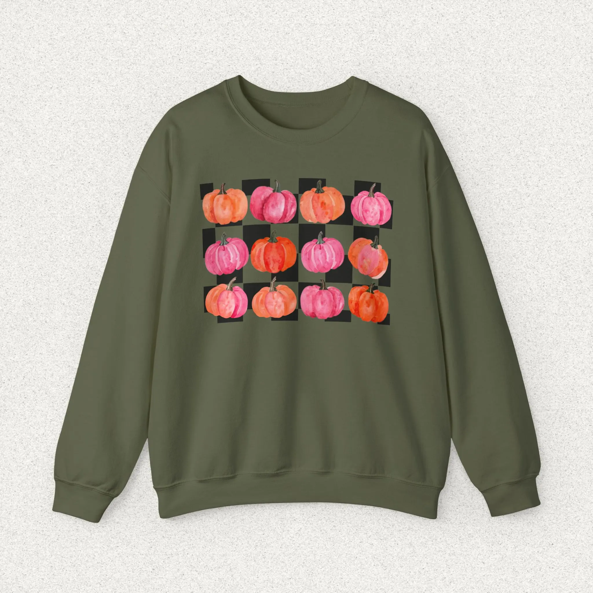 Watercolor Pumpkins Crewneck Sweatshirt, Fall Colorful Pumpkin Checkerboard Top, Autumn Harvest Jumper, Thanksgiving Sweatshirt, Pink Orange