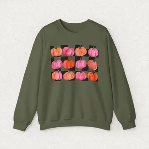 Watercolor Pumpkins Crewneck Sweatshirt, Fall Colorful Pumpkin Checkerboard Top, Autumn Harvest Jumper, Thanksgiving Sweatshirt, Pink Orange