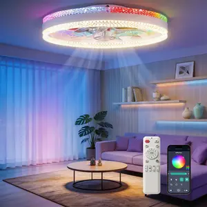 DEMILARE Low Profile Flush Mount Fandelier - RGB Ceiling Fan with Remote, 6-Speed Quiet Reversible Motor, Dimmable Ceiling Lights, Adjustable RGB Lighting, Color Changing Atmosphere Light, Adjustable Lighting Modes, for Bedroom, Living Room,SummerVibes, C