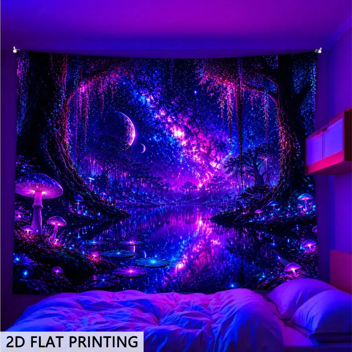 2D Flat, Glow in The Dark Tapestry Suitable for Bedrooms, UV/Blacklight Activated Vertical Wall Hanging with Enchanted Forest Mushroom Design, Boho Glow Decor for Dorms, Game Rooms, Parties, UV Reactive -Standing for Decoration, 2D Flat,family,dormitory