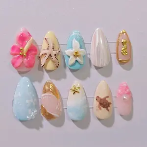 Tropical Flower Nails Press On Gold Chrome High Quality Summer Beachy Theme Trendy Unique Nails for Stylish Looks with Application Packet