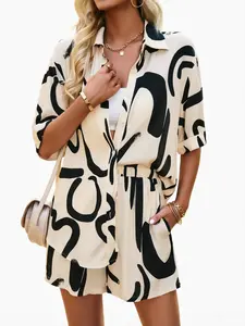 Abstract Print Oversized Shirt & Shorts Set, Casual Two Piece Outfit for Summer Vacation Clothes
