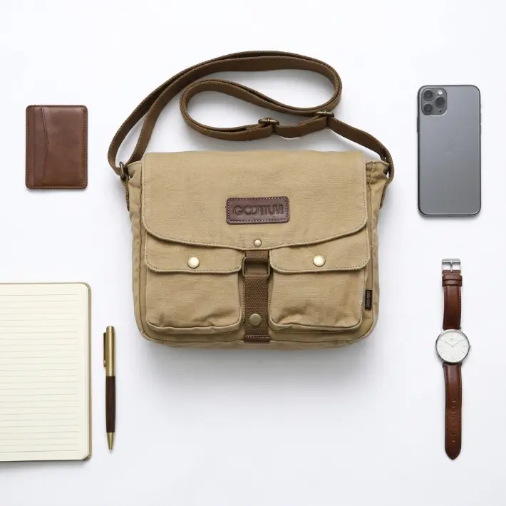 GOOTIUM Men's Retro Vintage Canvas Messenger Shoulderbag - Lightweight Solid Color Shoulderbag, Casual Plain Crossbody Satchel with Zip-Flap Closure, Adjustable Strap, Multi-Pockets, Durable Stitching for Business Commute