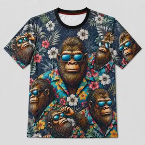 Bigfoot Tropical 3D All Over Print T-Shirt, Funny Sasquatch Hawaiian Graphic Tee, Summer Vacation Shirt for Men and Women