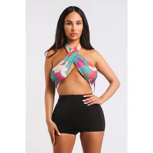 Multiway Retro Paisley Printed Crop Halter Wrap Top One Size TURQ shirts  women women's  tops Fit Womenswear