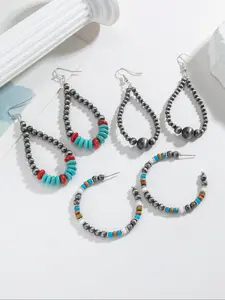 Boho Style Turquoise Texture Mixed Beaded Decor Dangle Earrings Set, Fashion Jewelry for Party, Daily Clothing Decor, Trendy All-match & Exquisite Jewelry for Birthday Gift