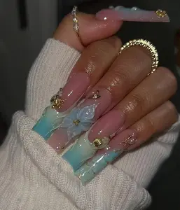 Blue Ocean Summer Press On Nails | Aqua Blue Ombre Beach Nails | 3D Floral Shell Nail Art | Summer Luxury Press Ons | Sea-Inspired