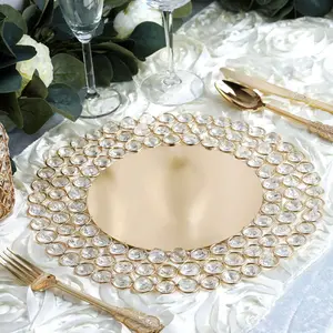 Wired Metal Charger Plate 14" Round Gold with Acrylic Crystal Beads - Glamorous Decorative Dinner Charger Tableware