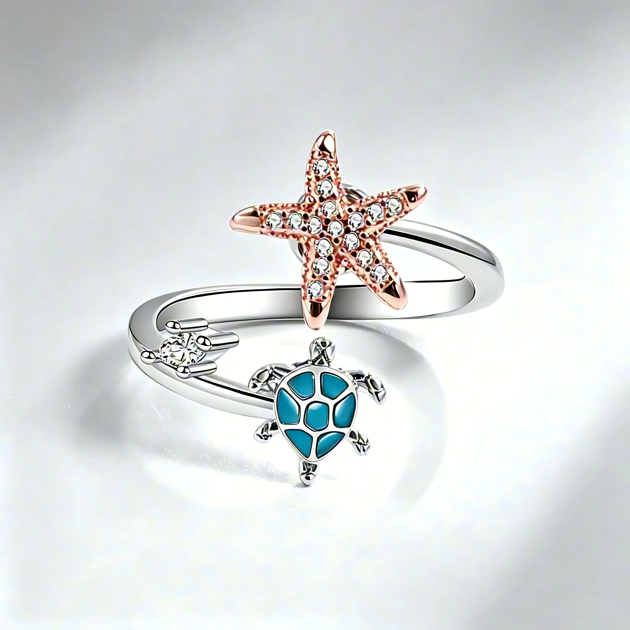 Women's Ocean Blue Marine Style Ring - Starfish & Sea Turtle Design, Hypoallergenic Stainless Steel Tarnish-Resistant Adjustable Fashion Jewelry, Gift for Partner & Mom, Marine Style Rings, Stainless Steel Tarnish-Resistant Rings