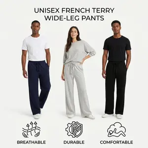 Unisex French Terry Wide Leg Sweatpants 80% Cotton Lounge Pants Relaxed Fit Drawstring Casual Joggers with Pockets