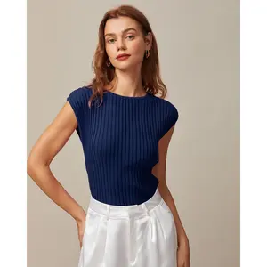 Rihoas Women's Slim Fit Viscose Nylon Knit Short Casual Top - Blue Boat Neck, Ribbed Cap Sleeves, Comfortable Feminine Basic Women's Clothes for Everyday Wear