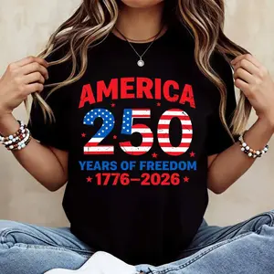 America 250 Years Of Freedom 1776 2026 Printed T Shirt White Casual Loose Fit Suitable For Leisure And Sports Activities