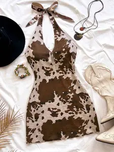 Women's Casual Summer Beach Dress Halter Neck Sleeveless Backless Mini Dress for Beach Wedding Guest Graduation Brunch St Patrick's Day Spring Break Easter Music Festival Elegant Bohemian Tropical - Fit, Fabric