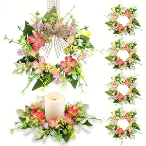 6-Piece Mini Artificial Floral Candle Wreath Set (lavender, Rose & Hydrangea), Realistic Spring Summer Wedding Flower Arrangement Centerpiece Decor
