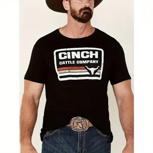 Cinch Cattle Company Men'S Retro 100% Cotton T-Shirt - Western Denim Short Sleeve Crew Neck With Bull And Stripe Design, Machine Washable Summer Casual Shirt For Outdoor Activities, Casual Wear Menswear Top Golf Gift T-Shirt For Men And Women Novelty