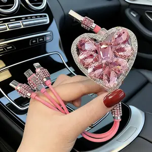 Fast Charge Sparkly Charging Cable 3-in-1 Heart Diamond Crystal Pink Clear Aesthetic Car Accessory Phone Charger Viral Gift for Women