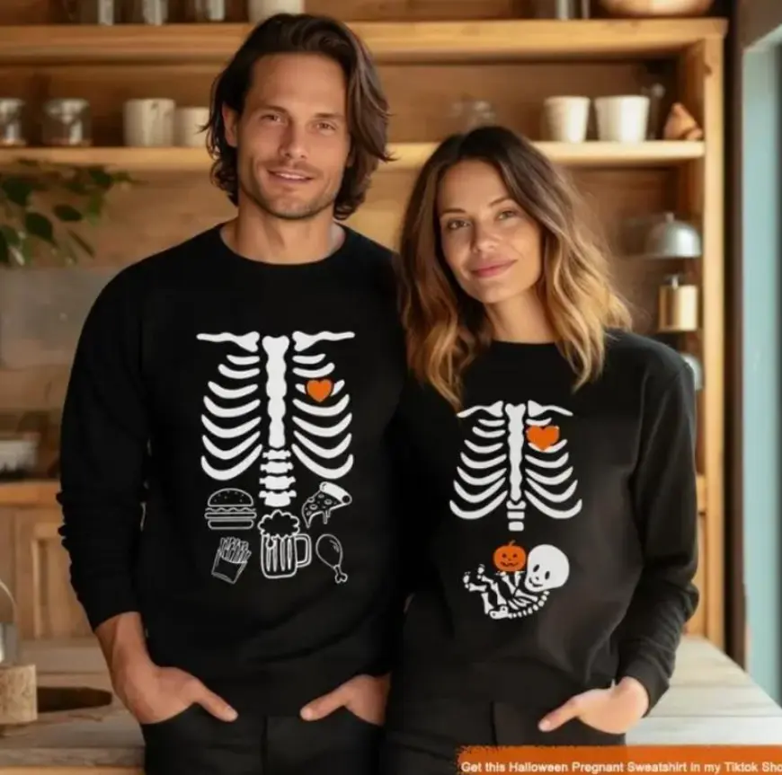 Halloween Skeleton Couple Sweatshirts – Funny Matching Ribcage Sweaters With Food & Baby Skeleton Print, Spooky Season Outfits for Expecting Moms And Dads