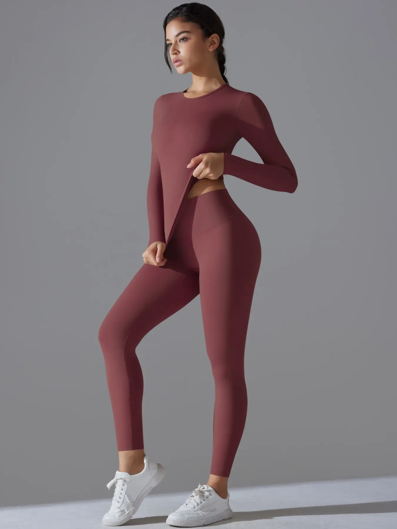 Women's Solid Long Sleeve Top & Leggings Yoga Set, Tight Fit Sporty Breathable Quick-Drying Outfit for Yoga Gym Workout Running, Ladies Sportswear for Training Fitness Activewear Athletic Workout Clothing for Spring & Fall
