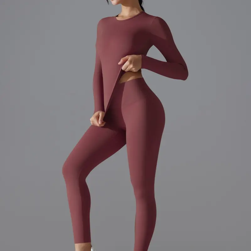 Women's Solid Long Sleeve Top & Leggings Yoga Set, Tight Fit Sporty Breathable Quick-Drying Outfit for Yoga Gym Workout Running, Ladies Sportswear for Training Fitness Activewear Athletic Workout Clothing for Spring & Fall Women Workout Clothes