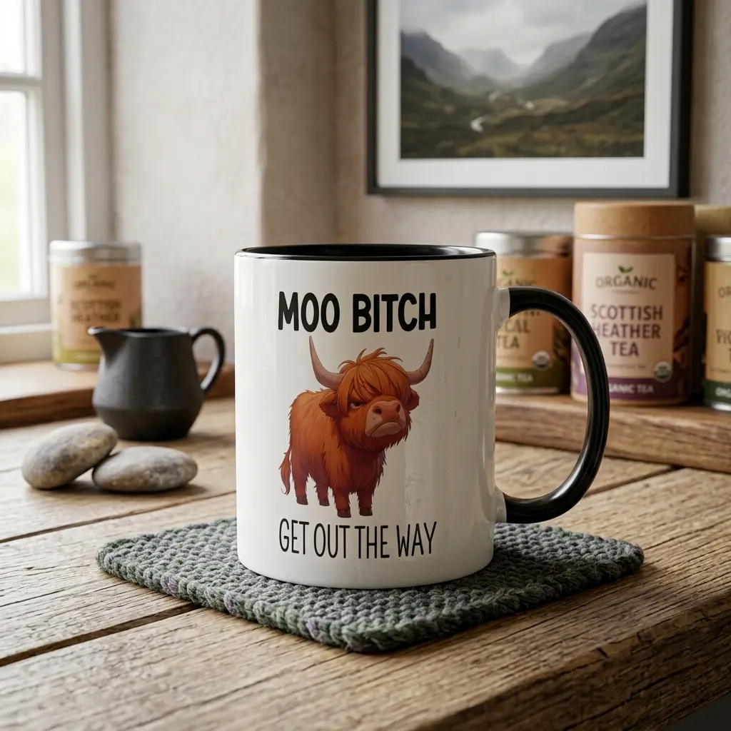 Funny Highland Cow Mug (11oz/15oz) Moo Bitch Get Out The Way Quote Print Reusable Washable Ceramic Tumbler Drinkware Western Country Aesthetic Gift For Mom Sister Best Friend Sassy Farm Animal Decor