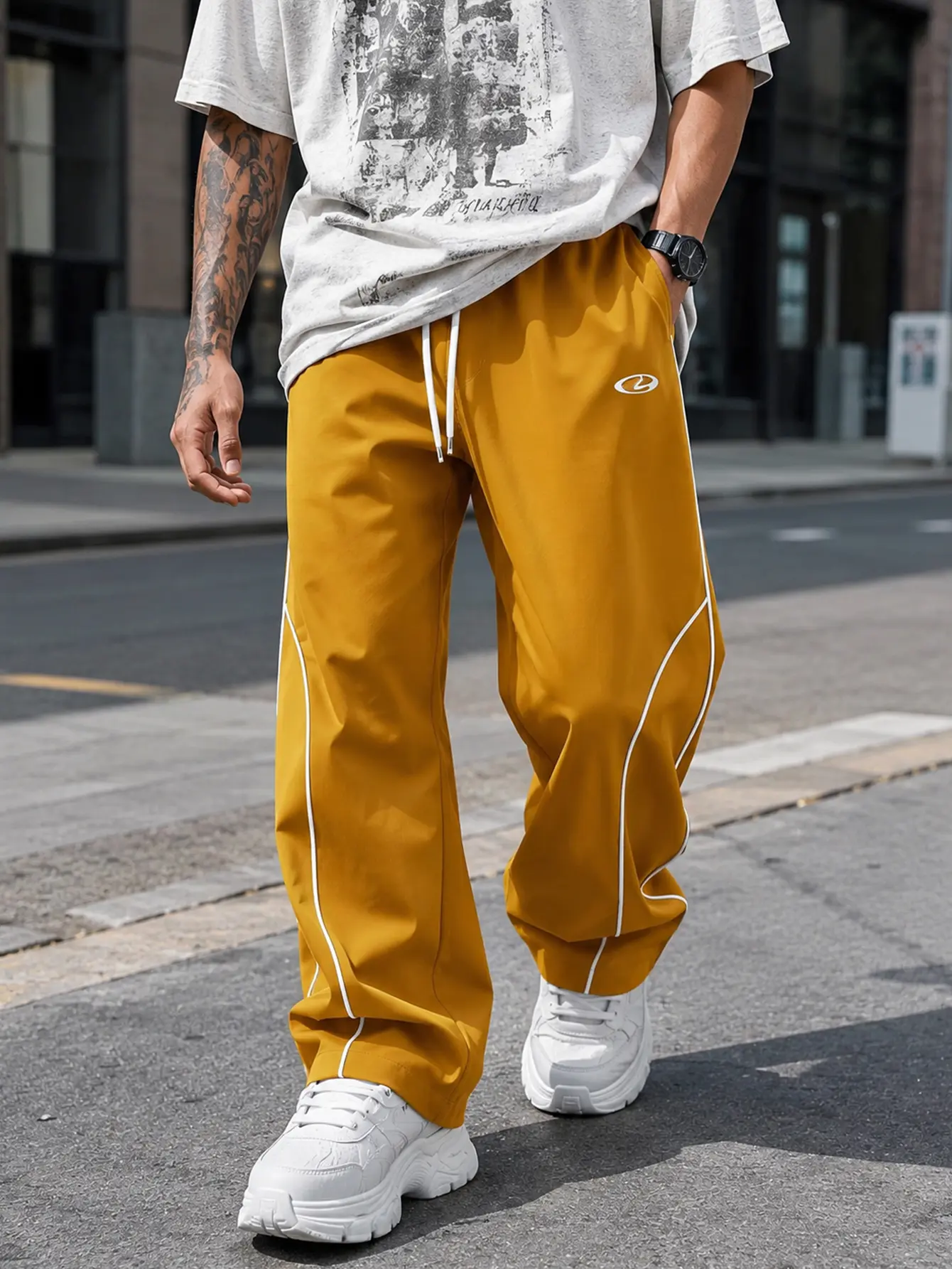 Men’s mustard yellow color-block contrast line wide-leg cargo pants — street workwear, casual style, elastic waist, clean fit. Mustard yellow color-block cargo pants — minimalist relaxed look, semi-professional commuter style, versatile for everyday wear,