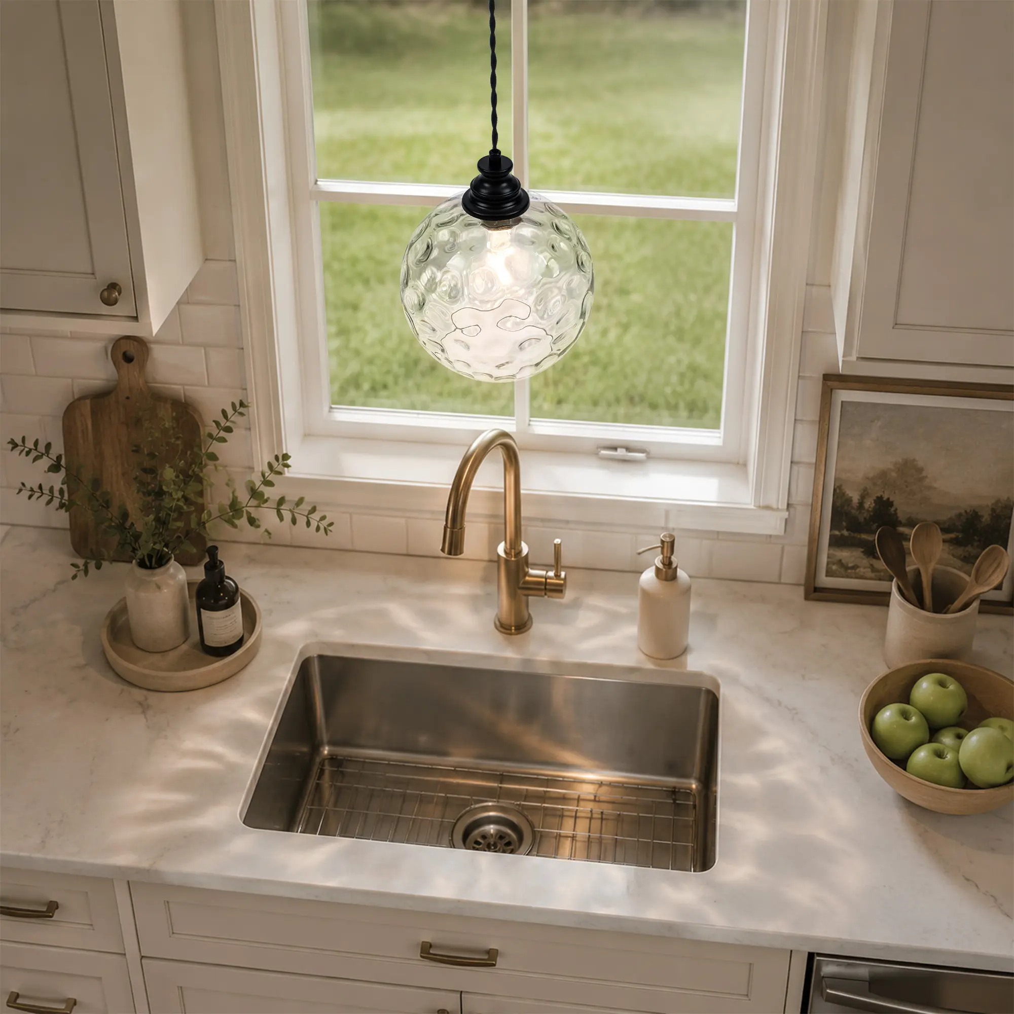 Modern Globe Pendant Light, Clear Hammered Glass Ceiling Light, for Kitchen Dining Room