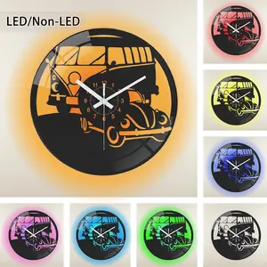 Vinyl Style Wall Clock with Round Glass Frame, Unique and Design Featuring a Volkswagen Bus, Available in 9.84/11.81/13.78 Inches, Perfect for Home Decor and Gifts, Led Wall Clocks