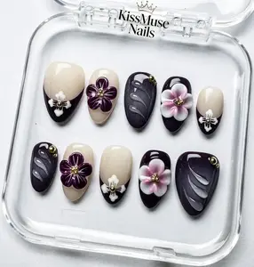 KissMuse Nails | Purple Orchid | ST-Y012 | Short Almond Nails Collection | 10PCS 100% Handmade Press-On Nails | Reusable Colorful Art acrylic Luxury Pearls and Rhinestones Long-Lasting 3D