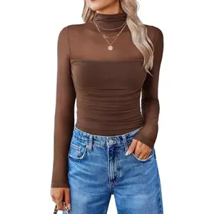 Women's Sheer Mesh Turtleneck Long Sleeve Top - Ruched Slim Fit Bodysuit| Elegant Brown Sheer Blouse for Party & Daily Wear