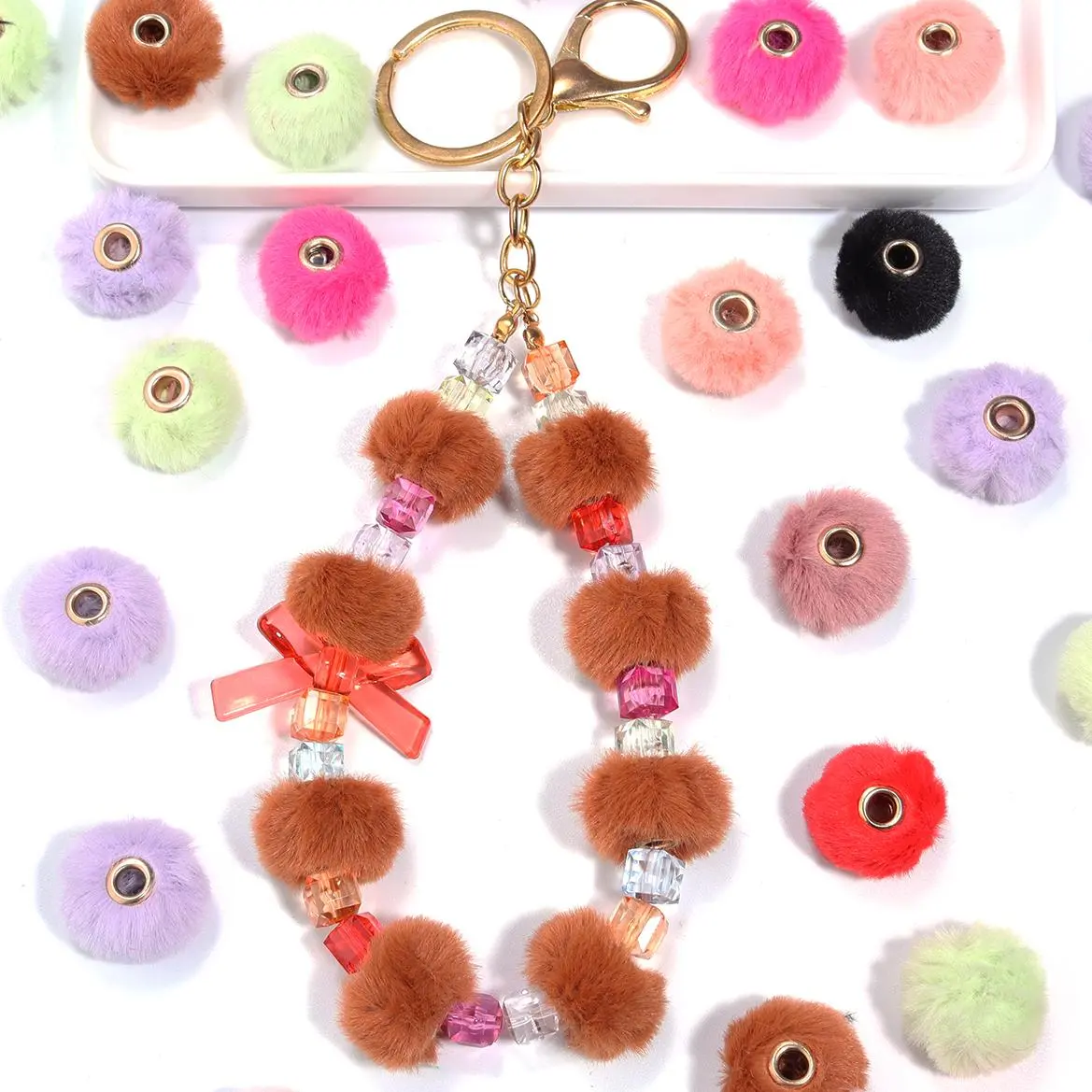 10pcs/lot 20mm Plush Fur Covered Ball Beads Pompom Spacer Beads For Jewelry Making DIY Bracelet Necklaces Keychain Accessories