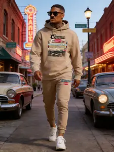 Men's Cotton Spring Khaki Hoodie & Sweatpants Set 2026 New Arrival Car Pet Pattern Cotton Long Sleeve Tracksuit Daily Wear Simple Comfortable Sports Suit - Casual, Clothes