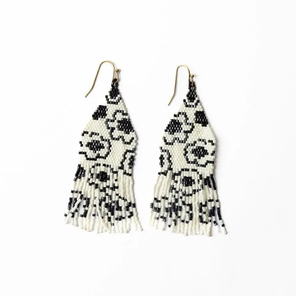 Delilah Poppies Beaded Fringe Earrings Ivory/Black