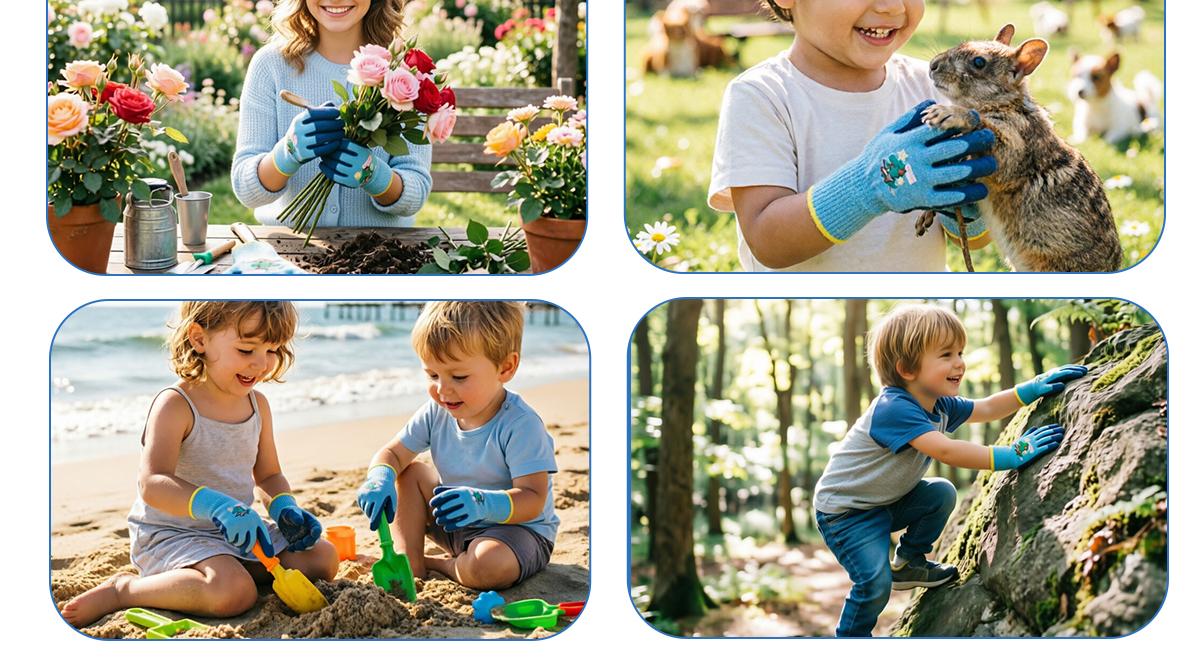3Pairs Kids Protective Work Gloves for Boys Age 5-12 | Light Blue Anti-Slip Grip | Perfect for Beach, Gardening & Pet Handling
