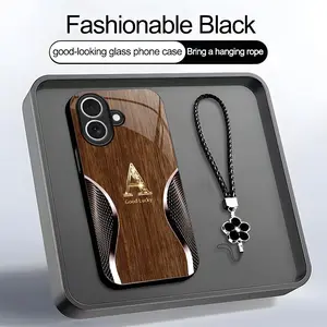 Wood Grain 26 lette & Carbon Fiber Art Glass phone Case, Suitable for [iPhone 17] high-end women's, Lanyard a beautiful four-leaf clover lanyard is included🍀 952