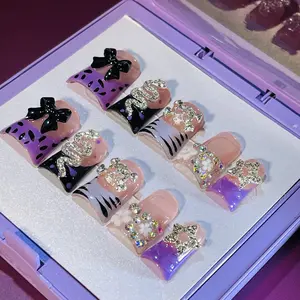 DiDazzle 10 PCS Handmade Duckbill Press - on Nails | GlamBowSparkle with Acrylic Rhinestone Bows, Zebra Patterns & Snake Accents