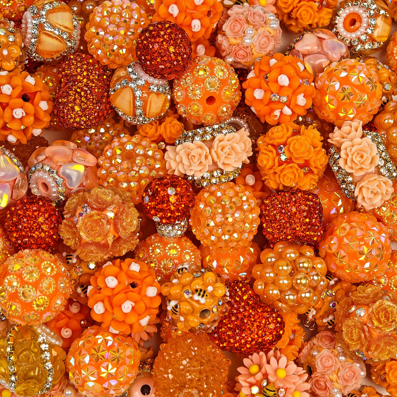 5 Pcs Bagged Orange Series Rhinestone-Embossed Flower Mixed Styles Resin Beads, DIY Beading Supplies for Bracelet, Necklace, Bag Charm Handmade Jewelry Crafts