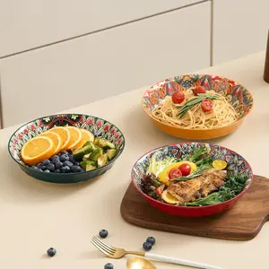 Ceramic Pasta Plate Set, Serving Bowls, Set of 4, Colorful Dinner Bowls for Soup Salad Pasta, Microwave & Dishwasher Safe, Bohemian Style
